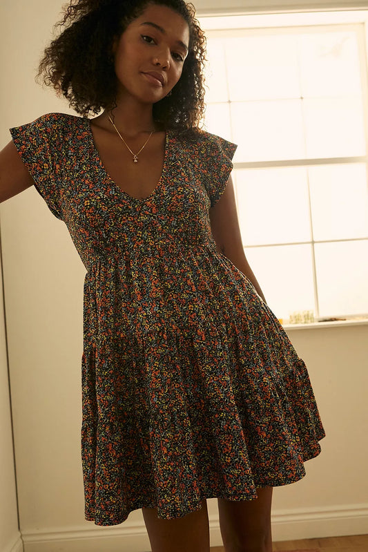 Black Julia Floral Short Sleeve Mini Dress uk 8-10