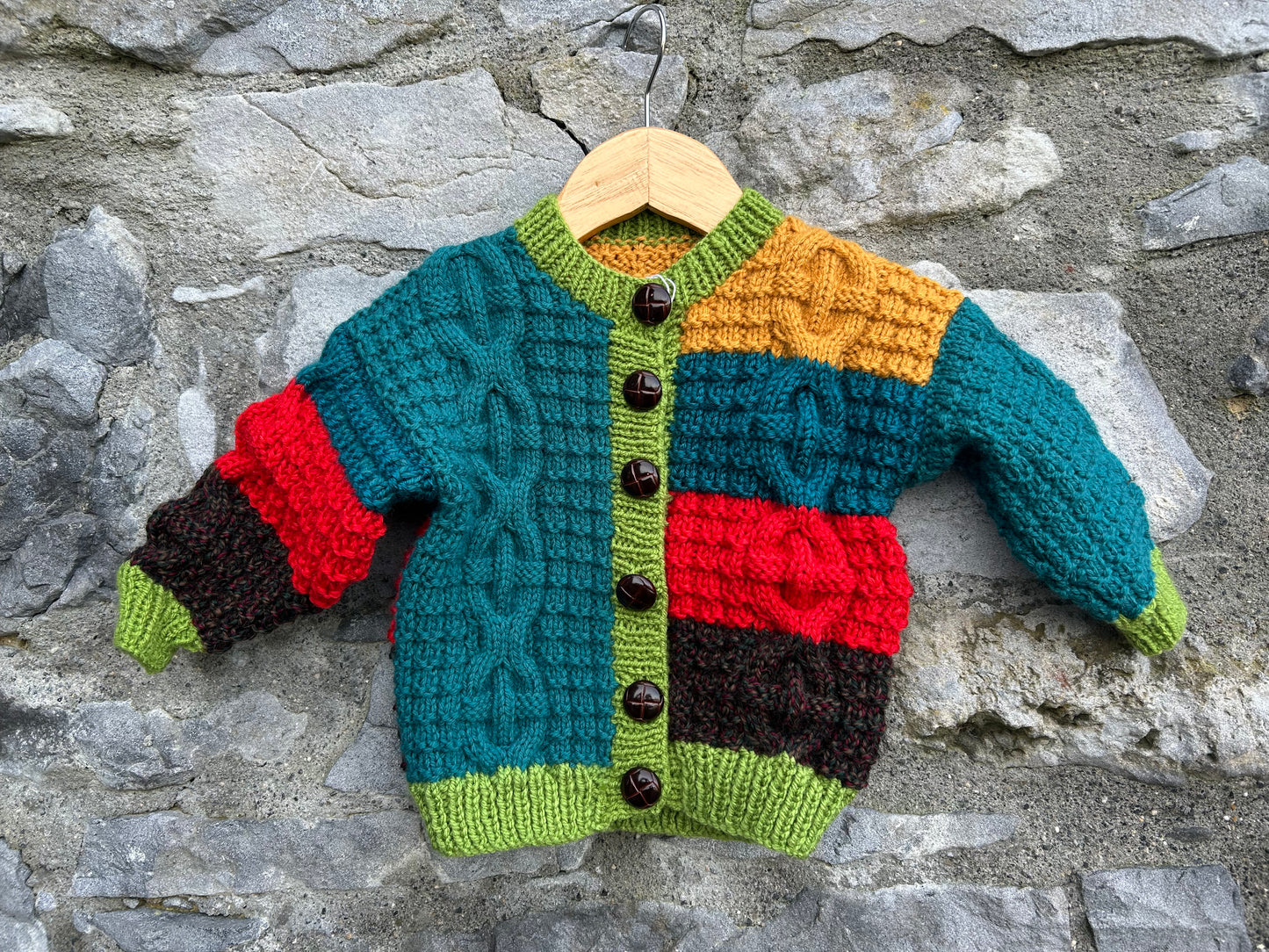 Aran style green&colour panels cardigan  18-24m (86-92cm)