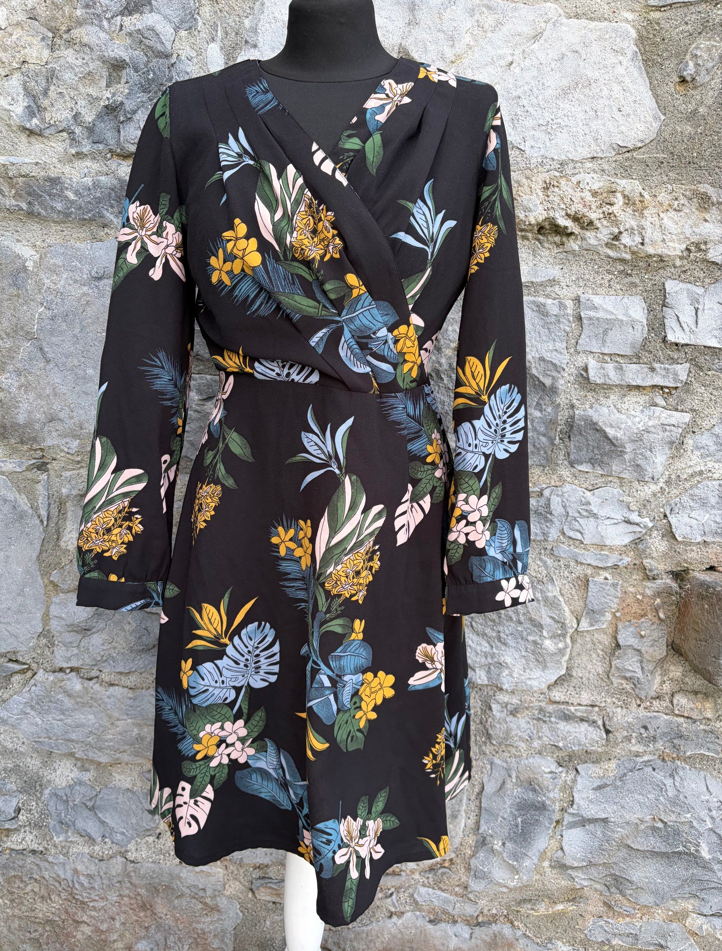 Black floral print faux wrap dress uk 8
