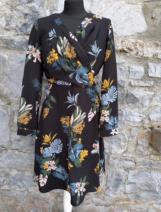 Black floral print faux wrap dress uk 8