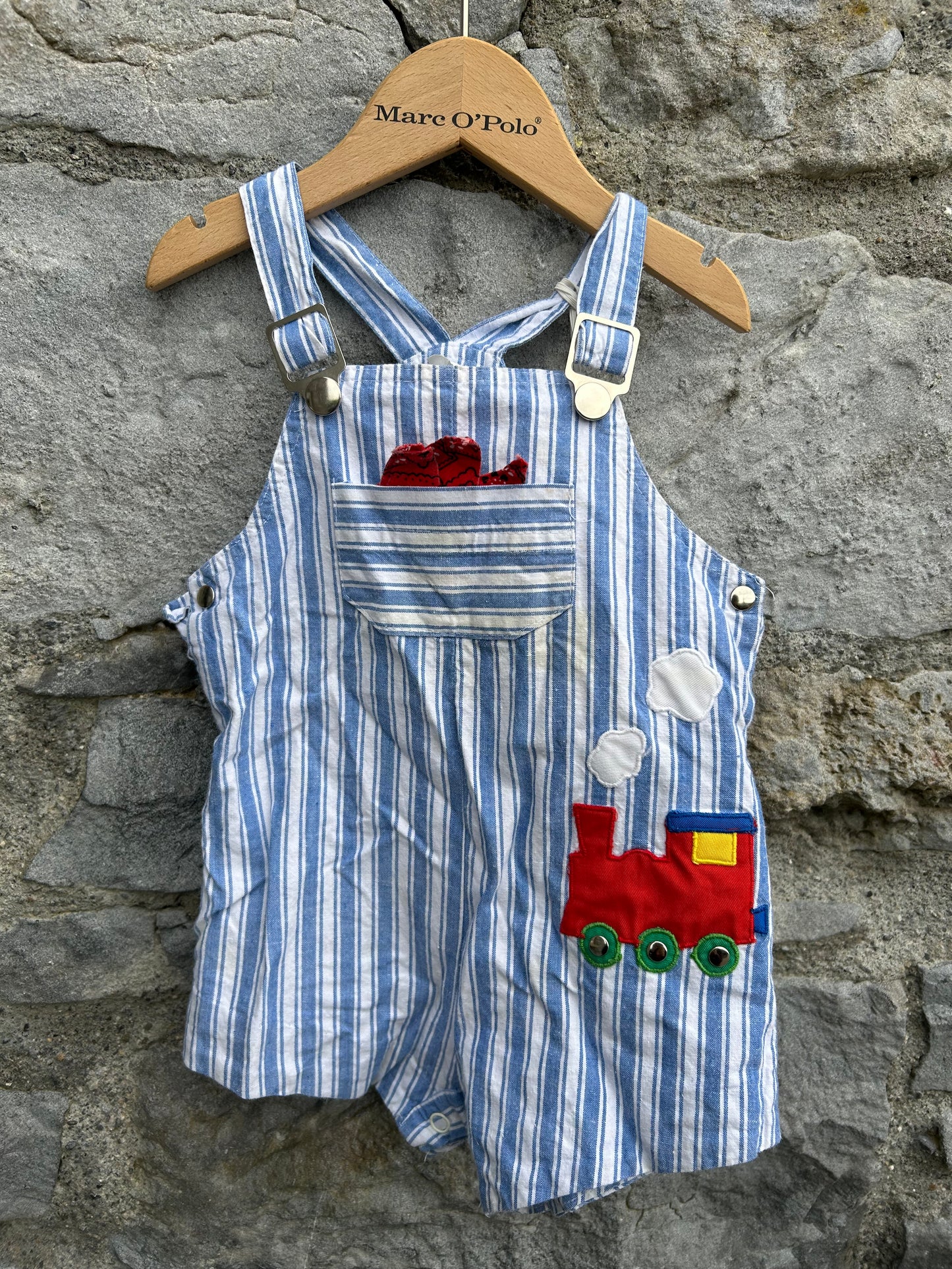 90s train blue stripy dungarees 12m (80cm)