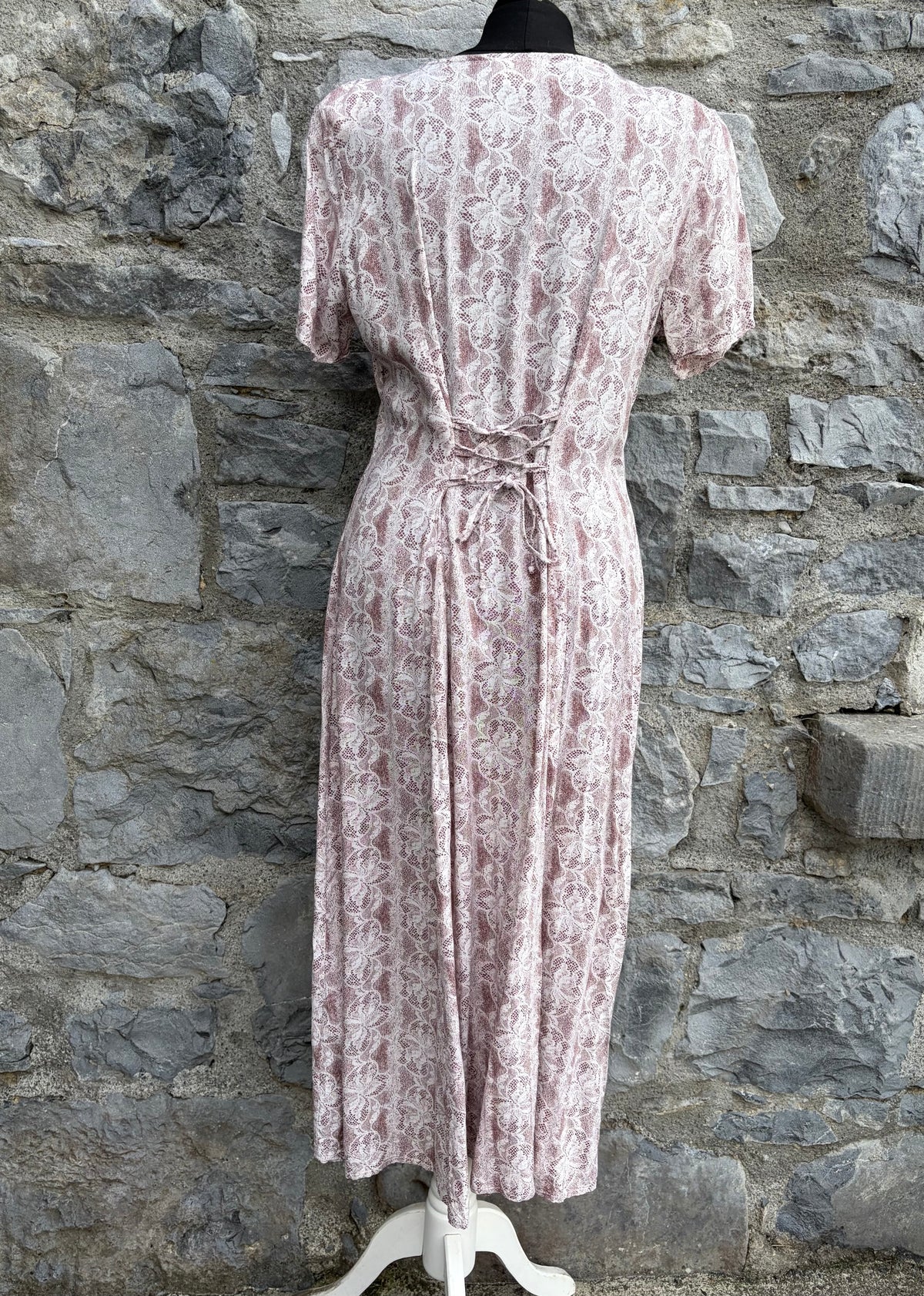 80s white&brown lace print dress uk 12
