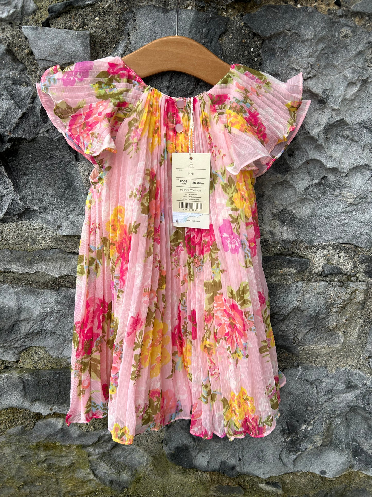 Pink floral pleated dress  12-18m (80-86cm)