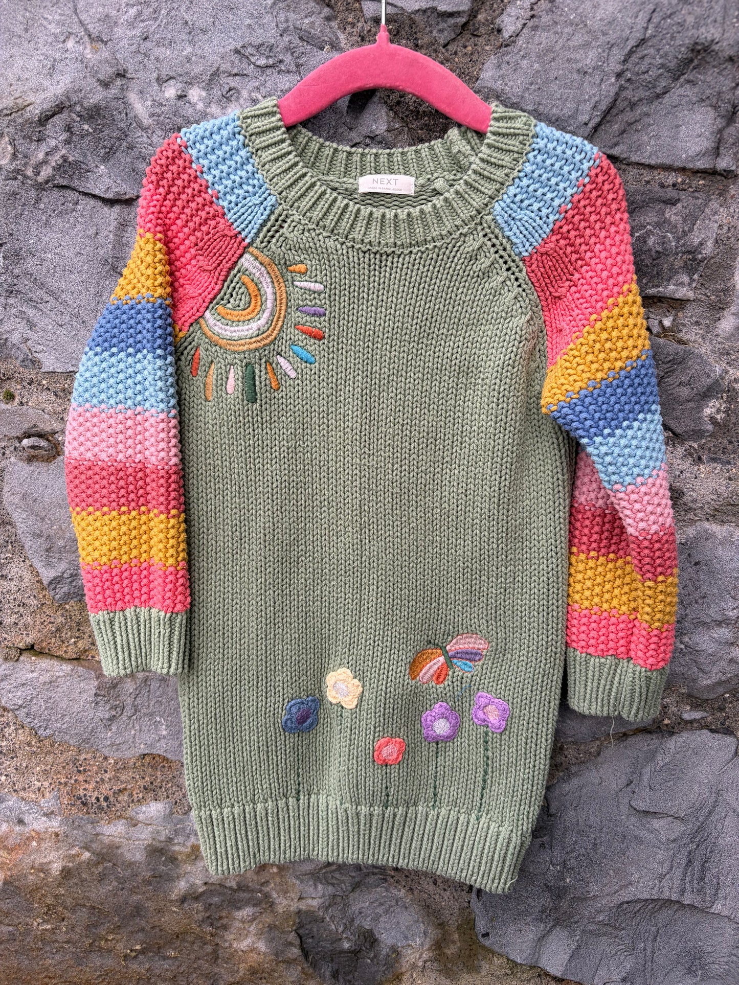 Khaki knitted dress with rainbow sleeves 18-24m (86-92cm)