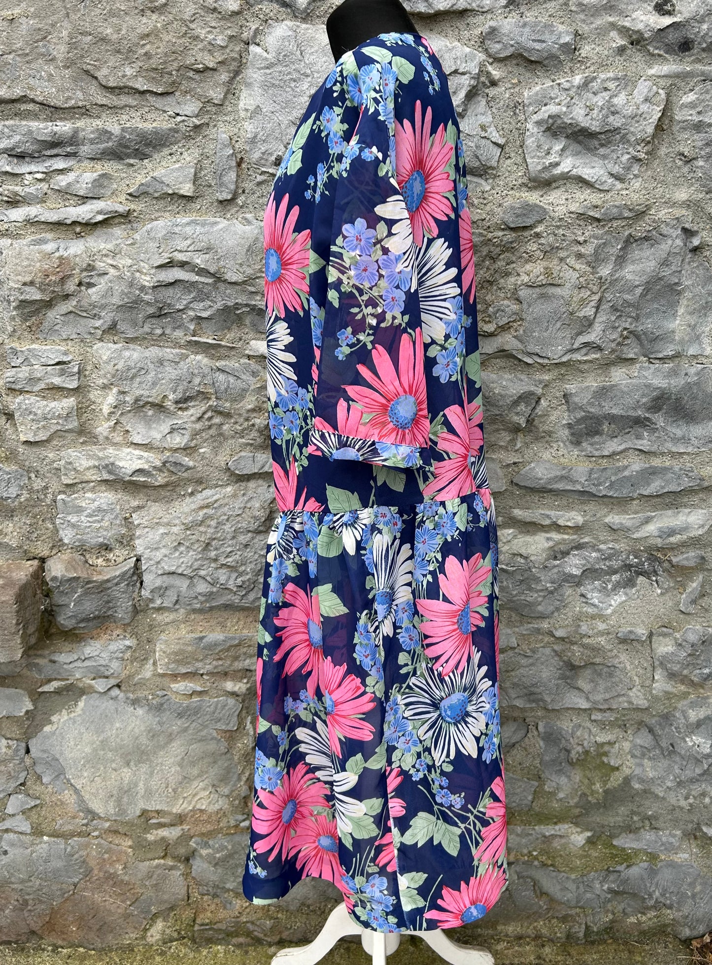 80s sheer flowers navy dress uk 14