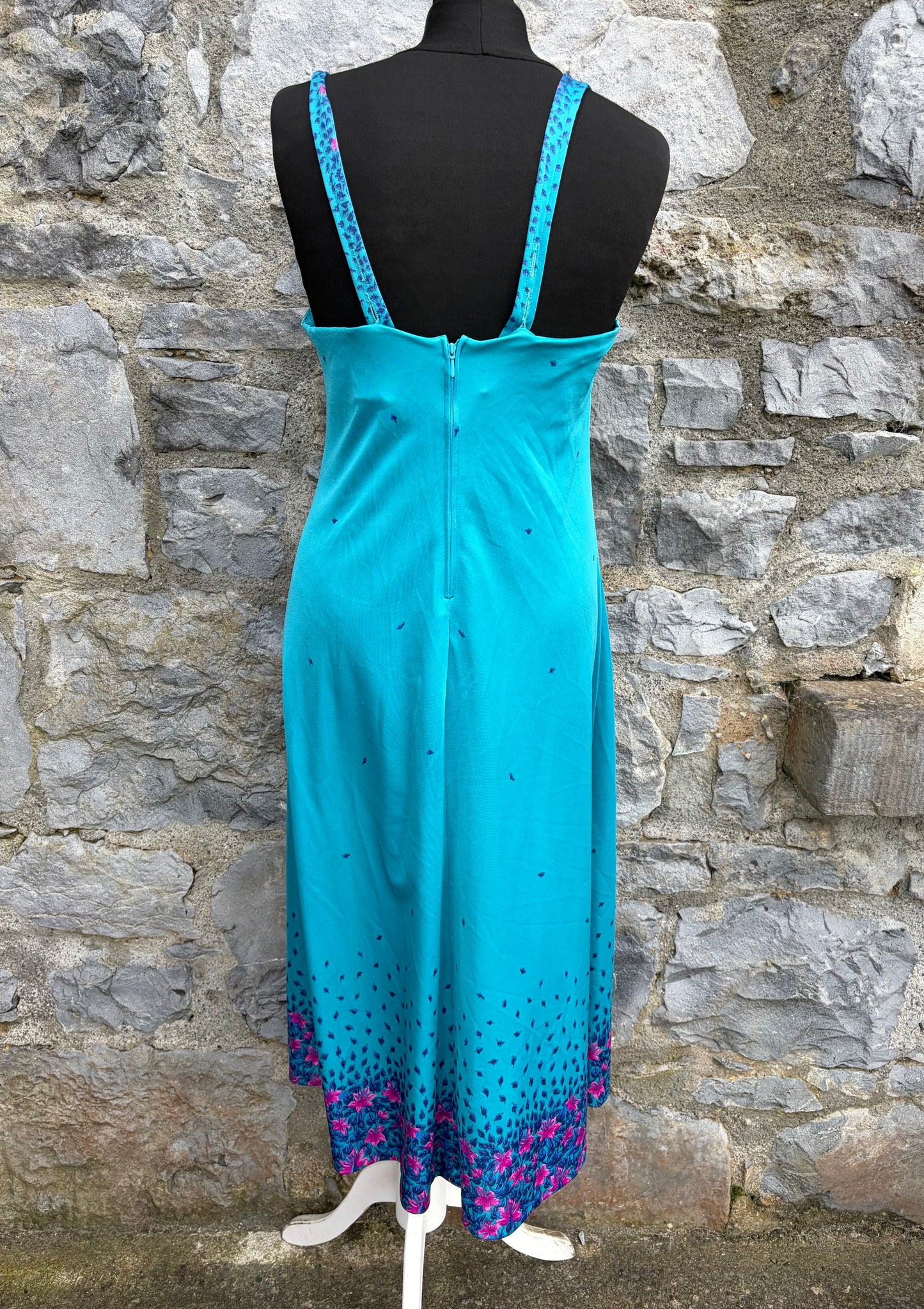 70s turquoise&pink floral dress uk 8-10