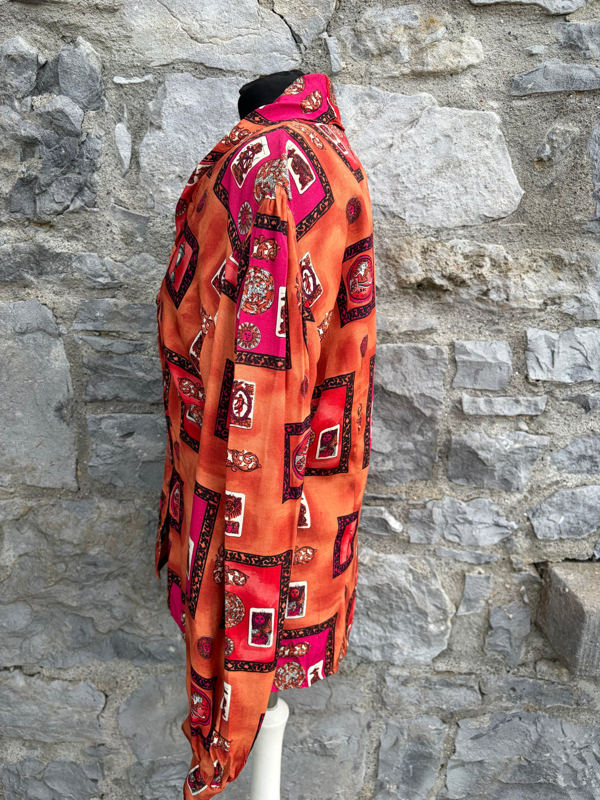 80s orange tarot-style motif blouse uk 12