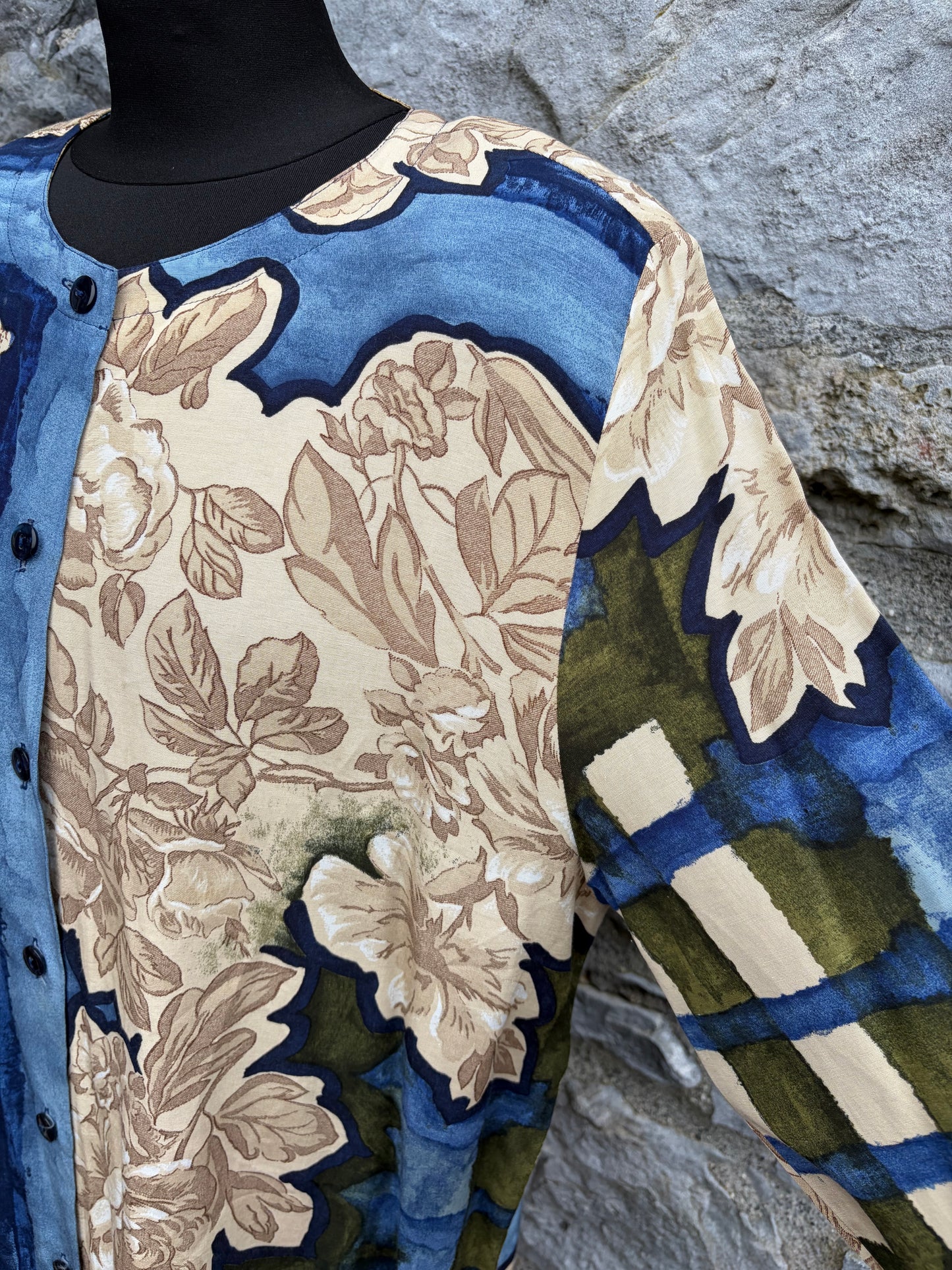 90s beige&blue floral blouse uk 14