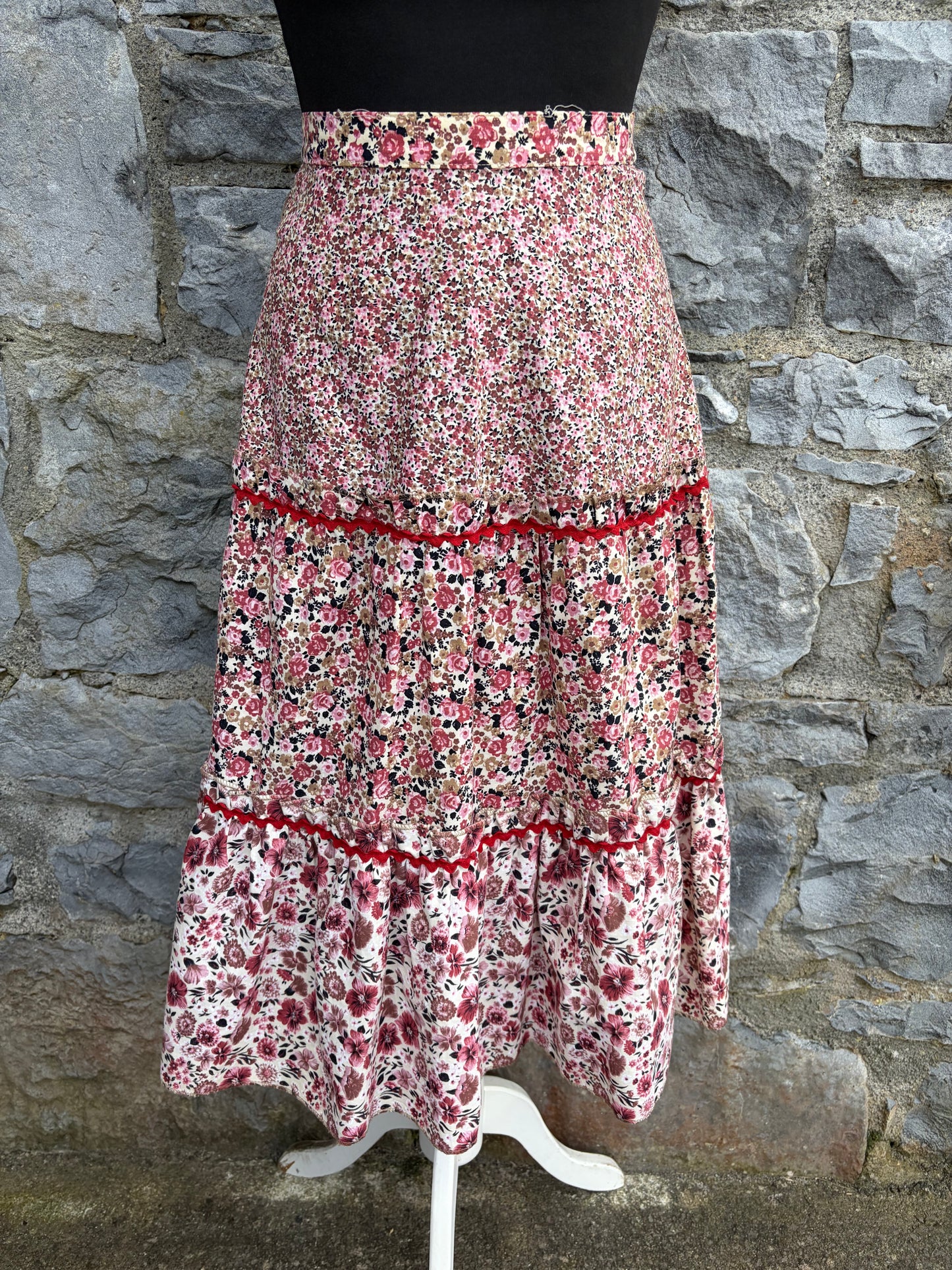 80s maroon flowers tiered skirt uk 6