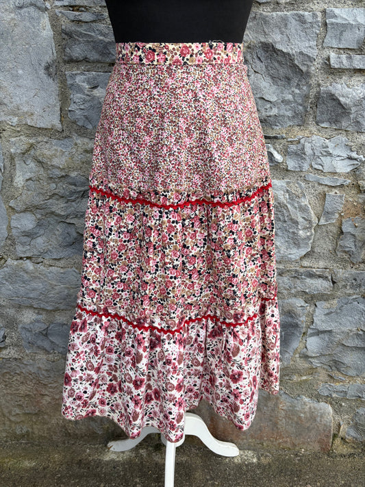 80s maroon flowers tiered skirt uk 6