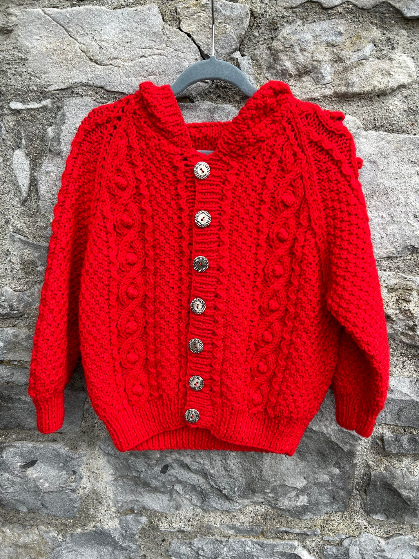 Red Aran style hooded cardigan   5y (110cm)