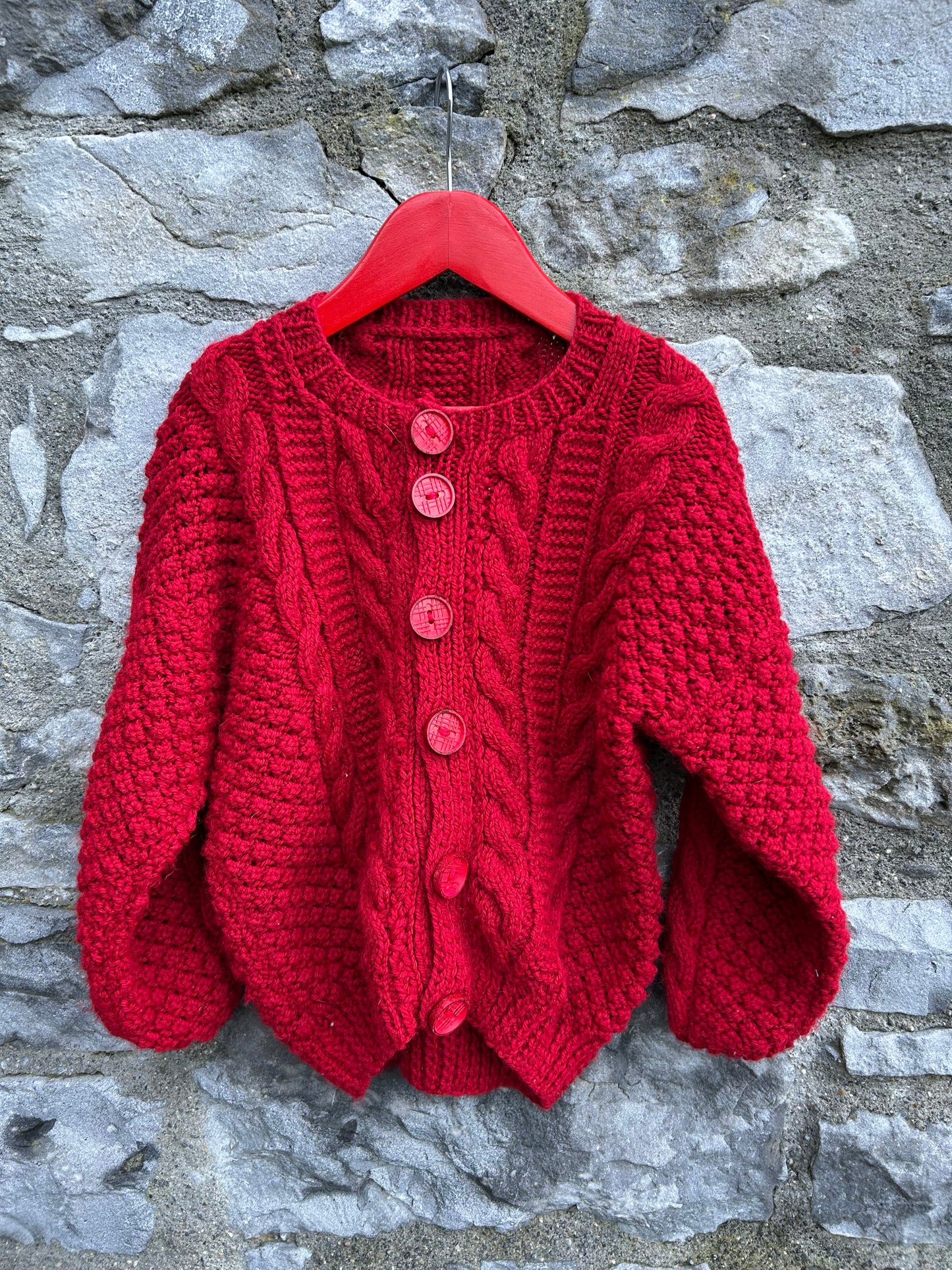 Dark red Aran style cardigan   5-6y (110-116cm)