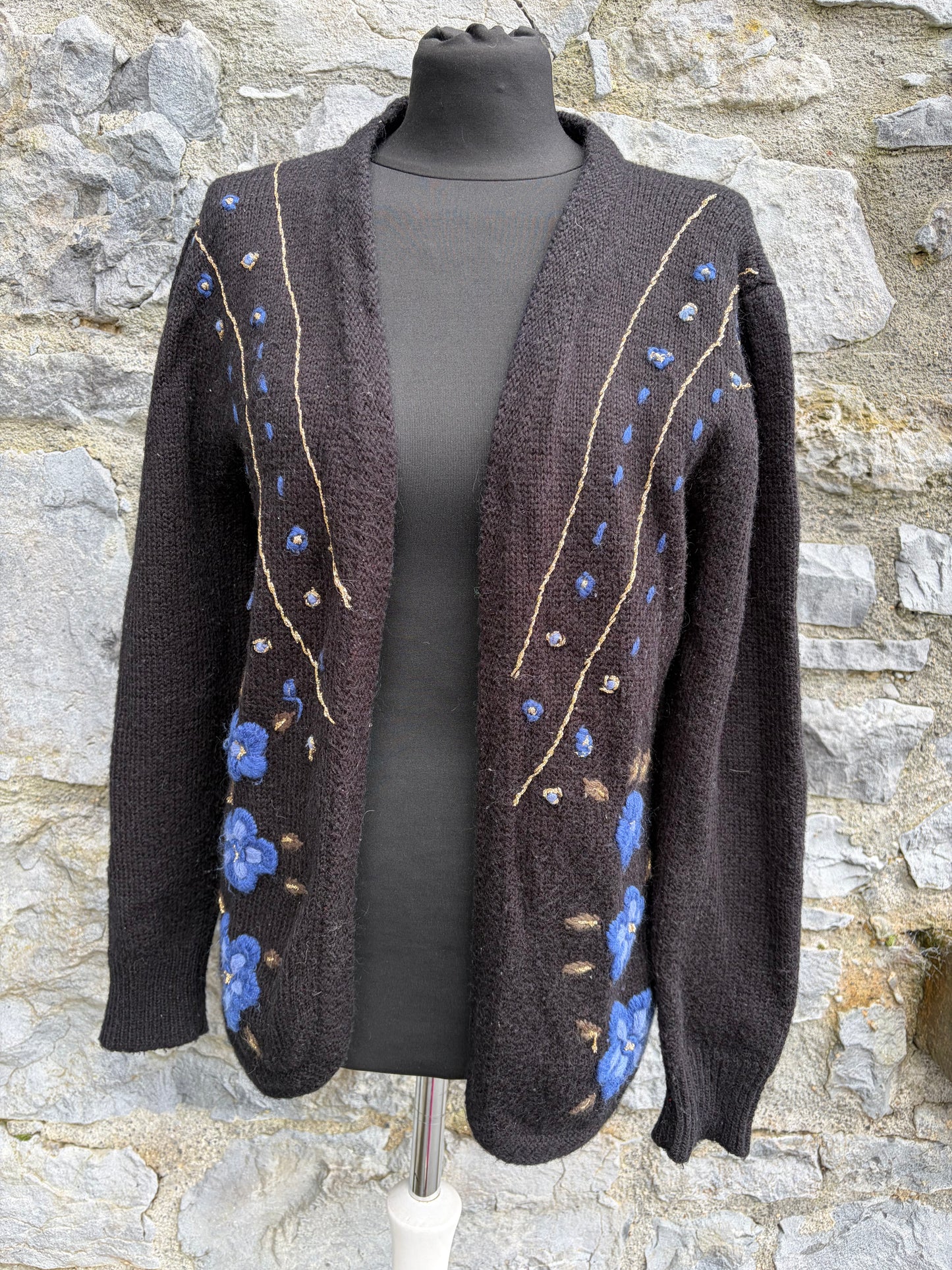 80s embroidered flowers black open cardigan uk 12-14
