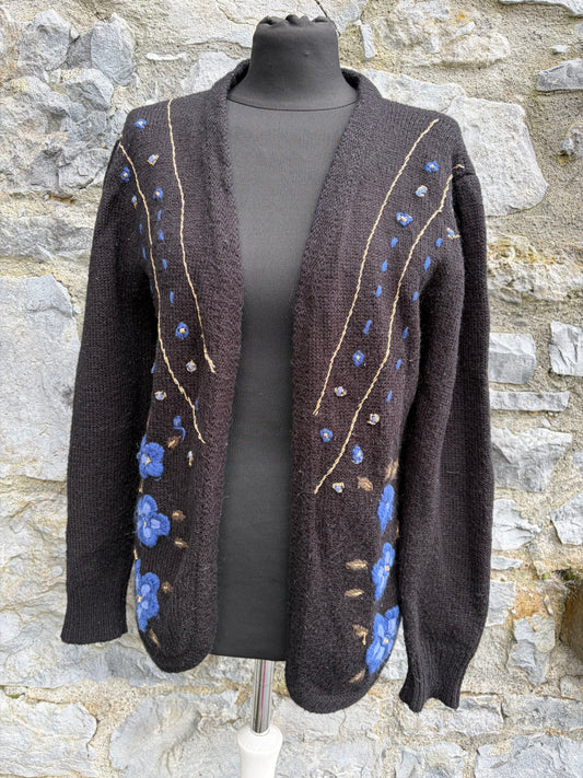 80s embroidered flowers black open cardigan uk 12-14