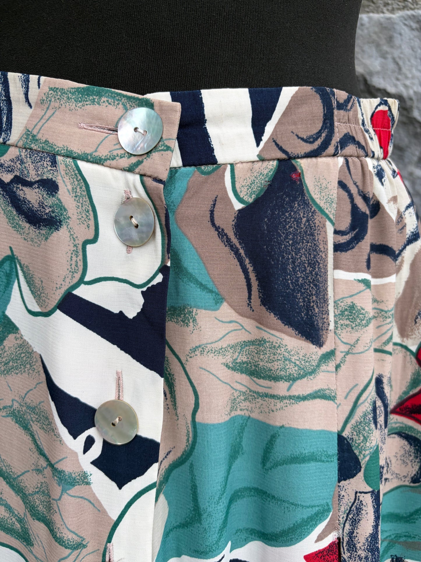 80s teal&grey abstract button up skirt uk 8-10