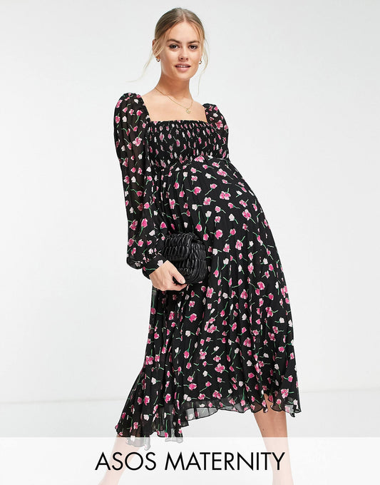 Maternity square neck pleated midi dress in floral print uk 8
