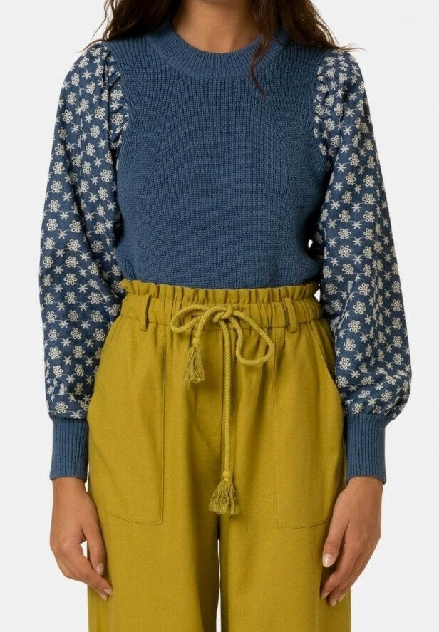 Blue knit sweater with floral denim sleeves uk 12