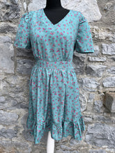 Load image into Gallery viewer, Pink flowers teal dress uk 8-10
