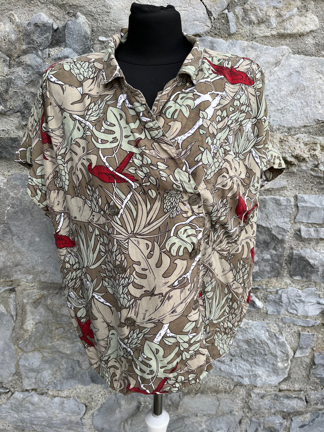80s khaki jungle leaves shirt uk 12-16