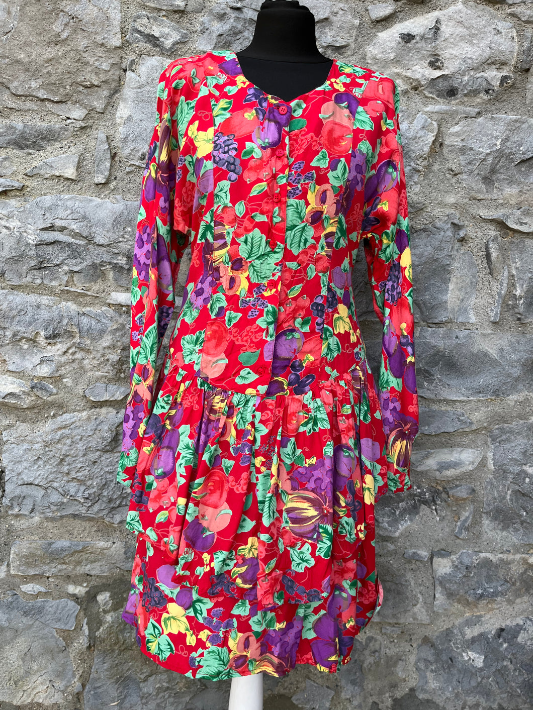 80s red tiered fruit dress uk 10 a