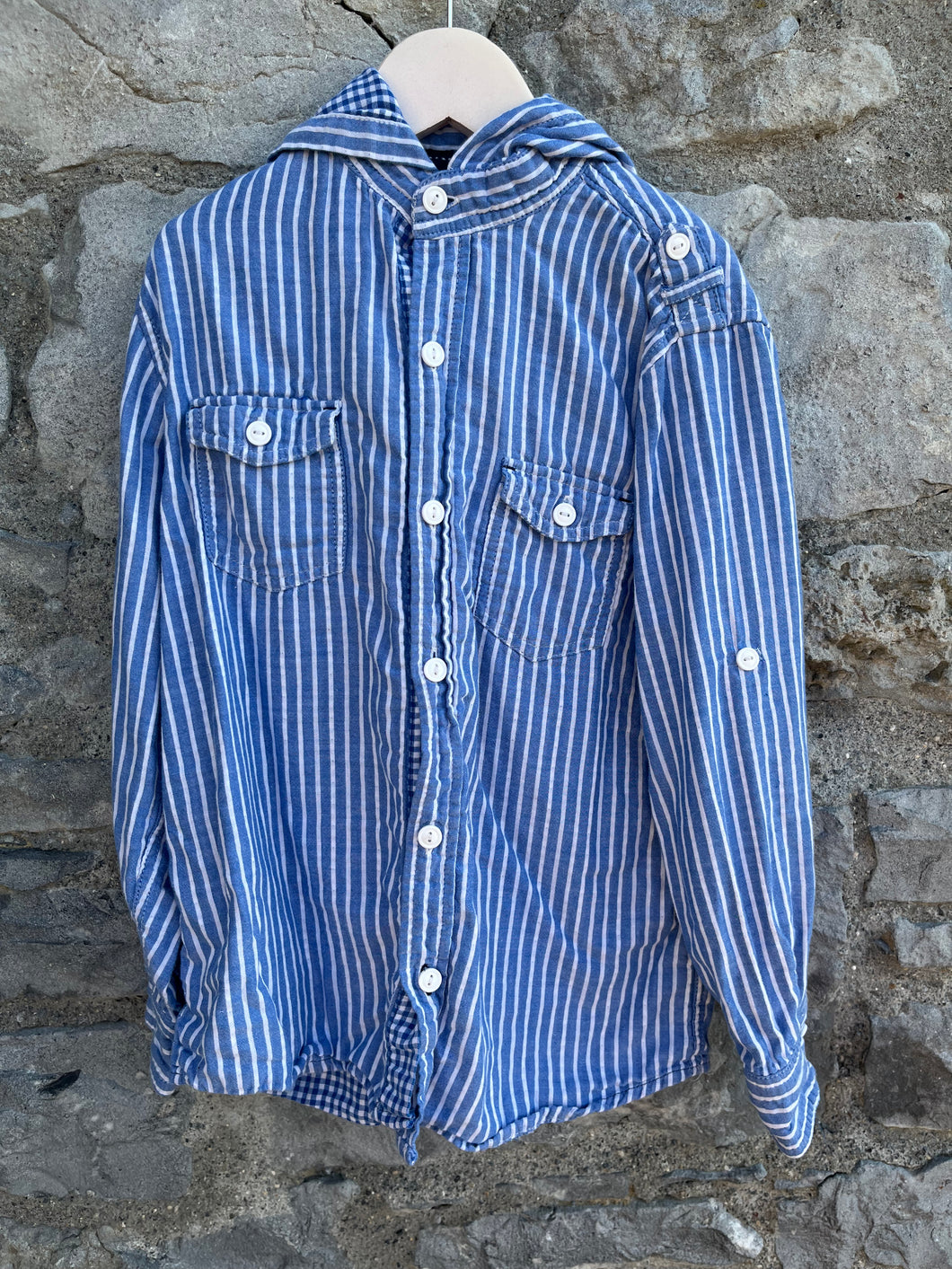 Blue stripy hooded shirt  8y (128cm)