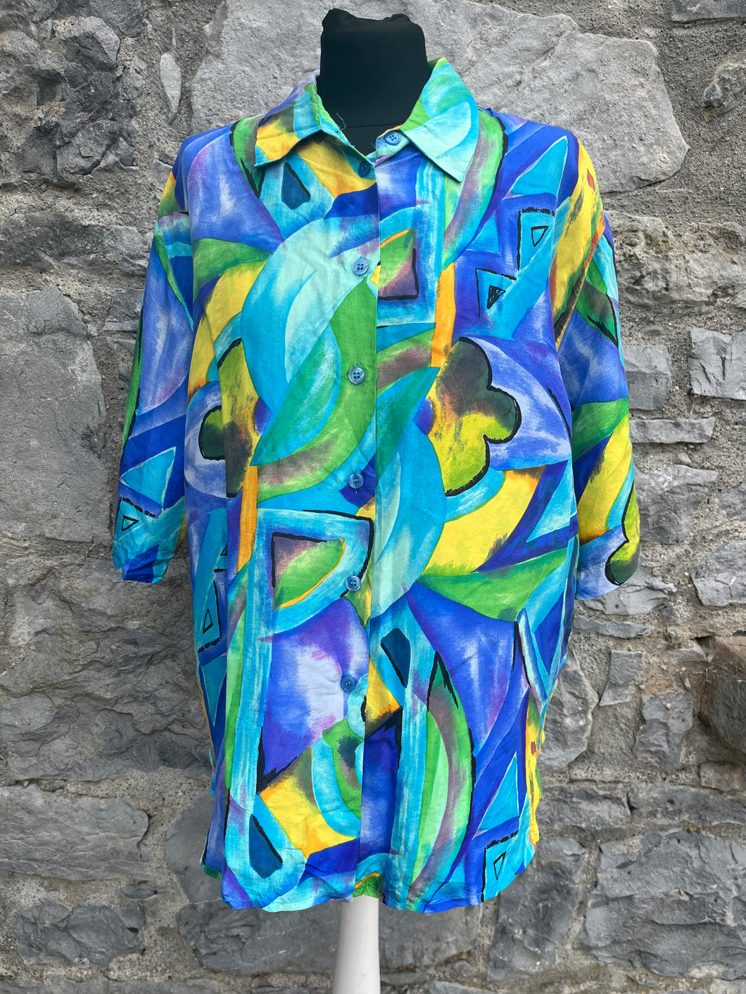80s blue abstract floral shirt uk 16