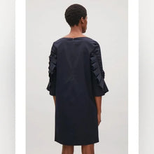 Load image into Gallery viewer, Navy dress with ruffled sleeves uk 8-10
