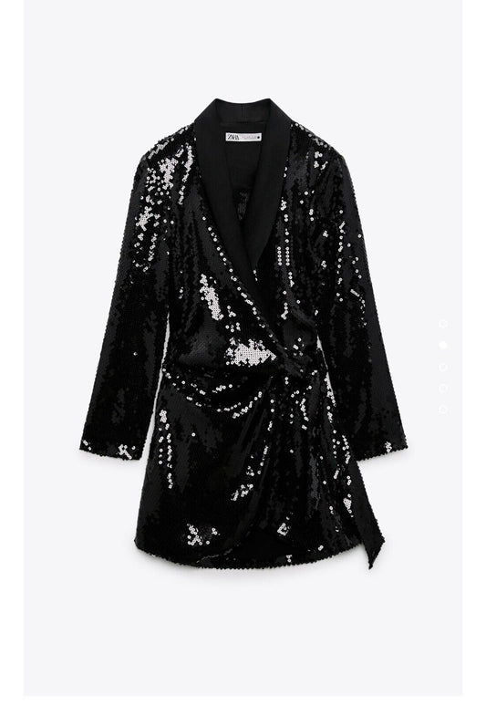 Black sequin wrap mini dress 12-14