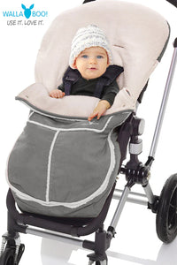 Faux suede stroller footmuff with side zip and pouch pocket in grey