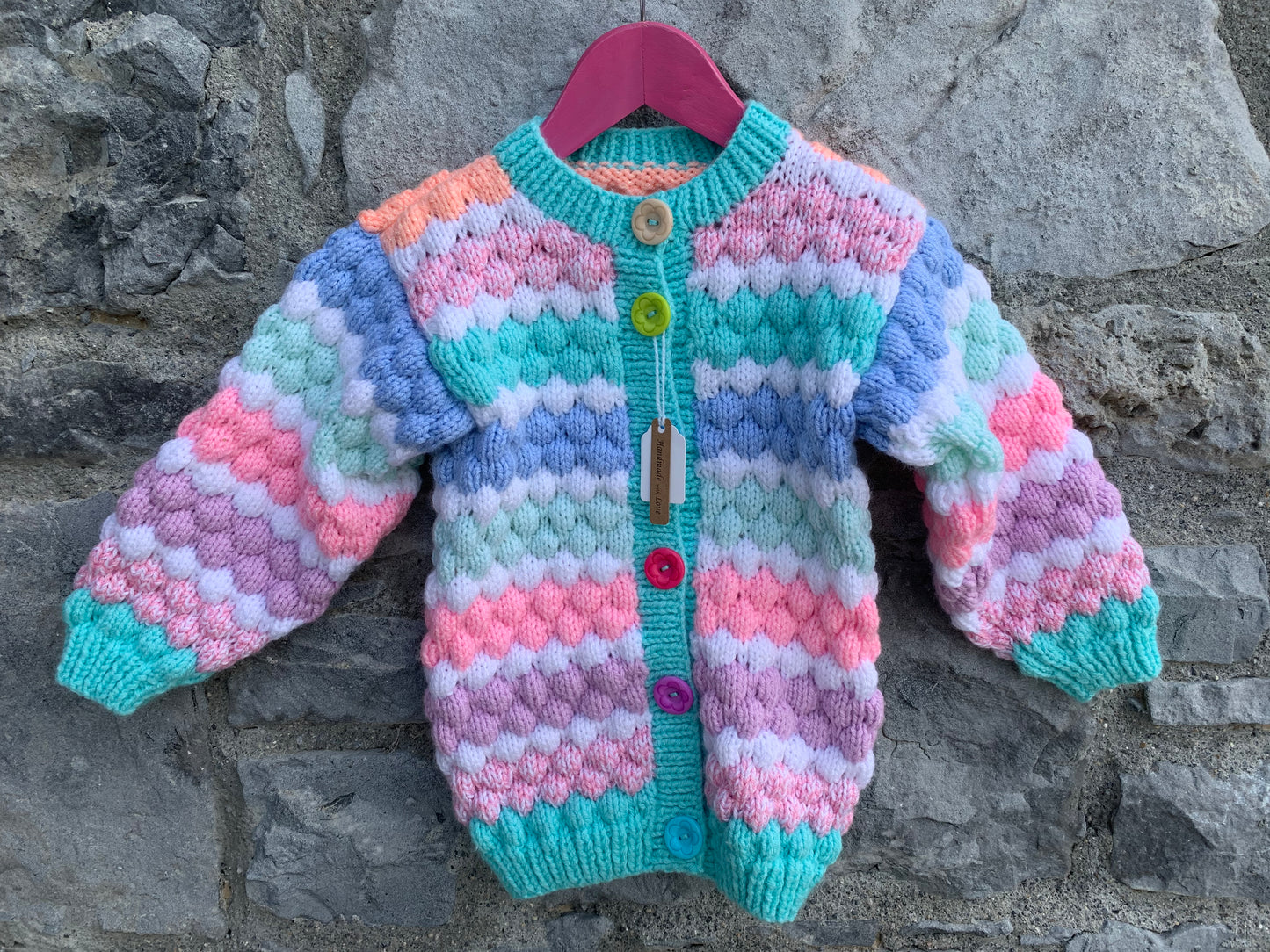 Pink&teal bubble knit cardigan   4-5y (104-110cm)