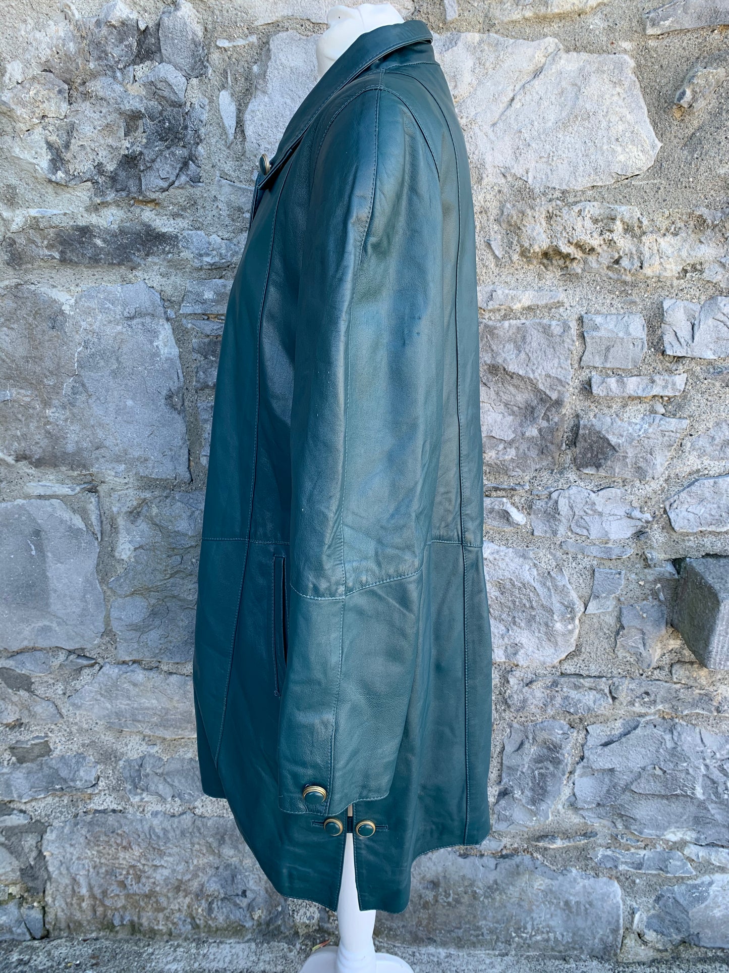 80s dark green leather coat   uk 14