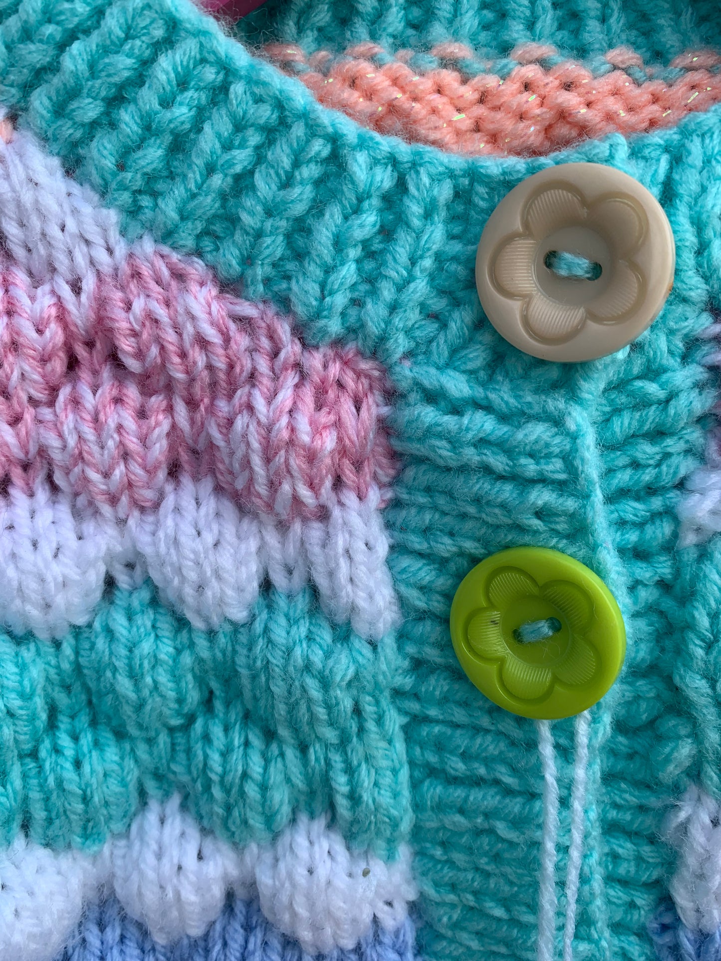 Pink&teal bubble knit cardigan   4-5y (104-110cm)