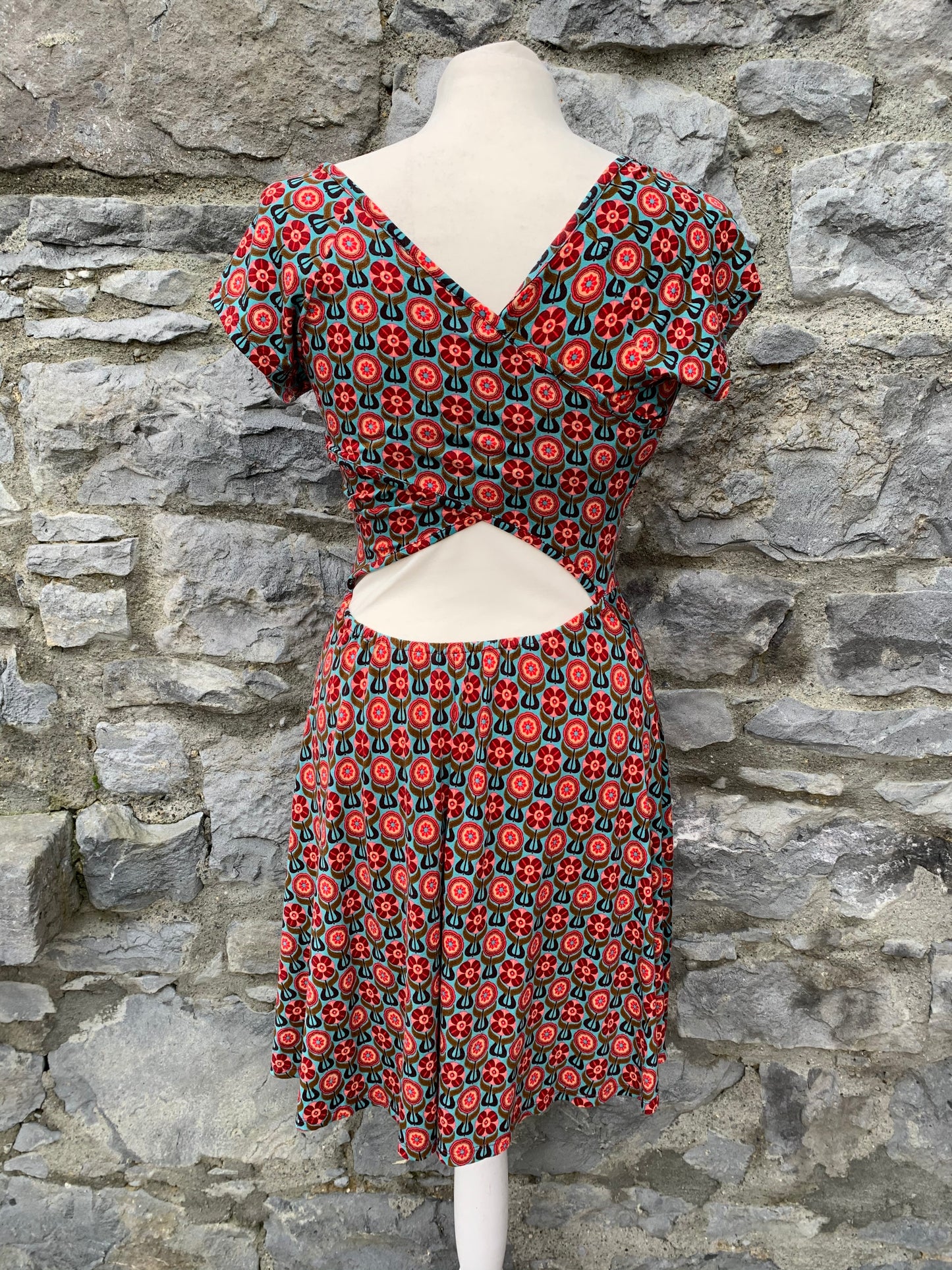 Red&teal floral dress   uk 8