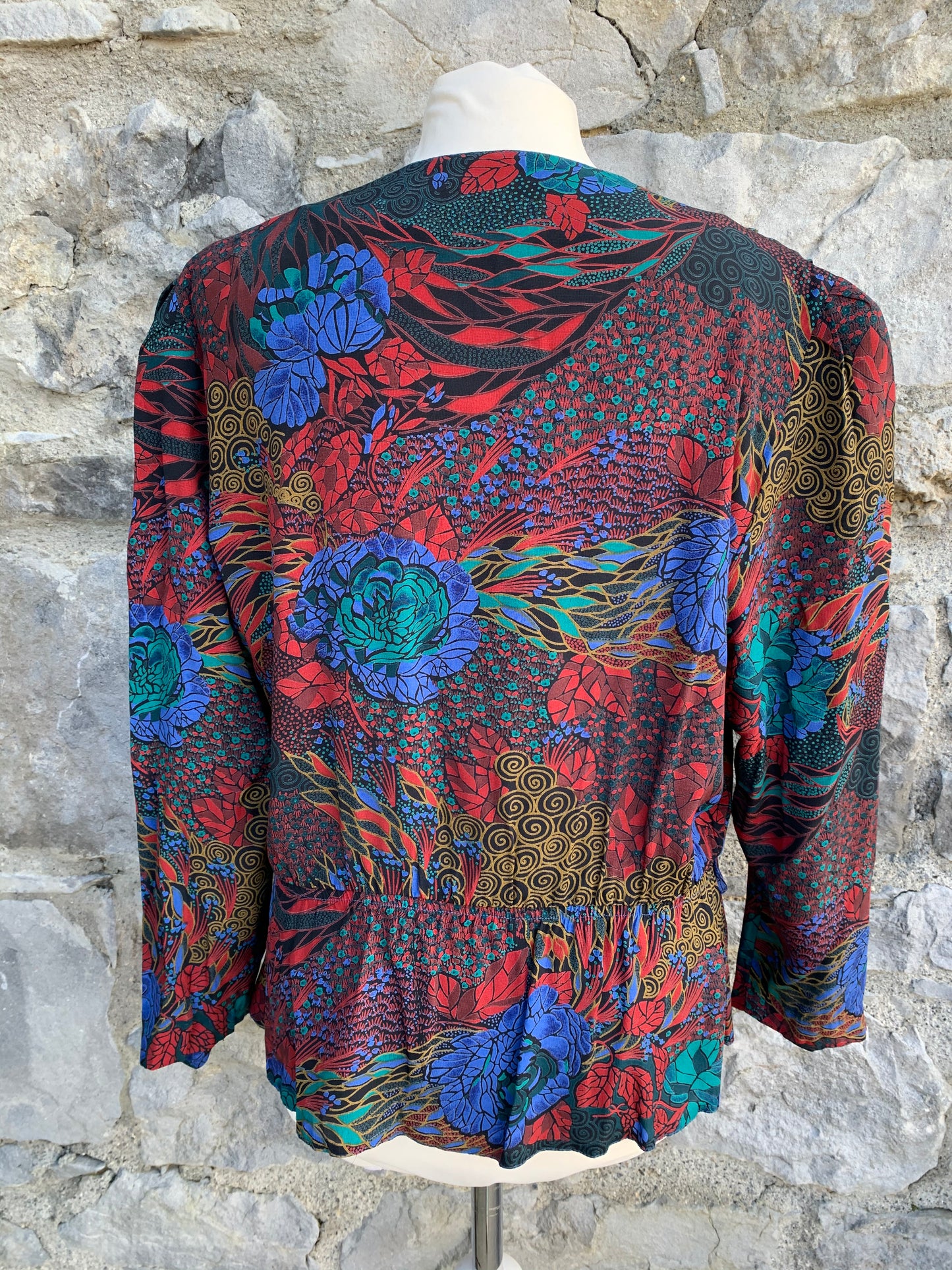 80s maroon top with teal flowers   uk 14