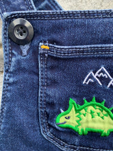 Load image into Gallery viewer, Denim dinosaur dungarees  3-6m (62-68cm)
