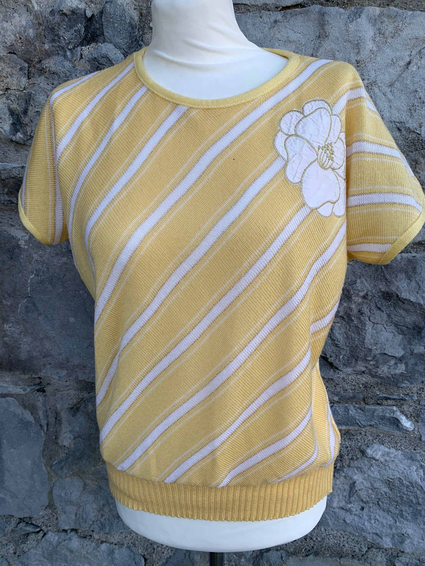 Yellow stripy top with a flower   uk 10