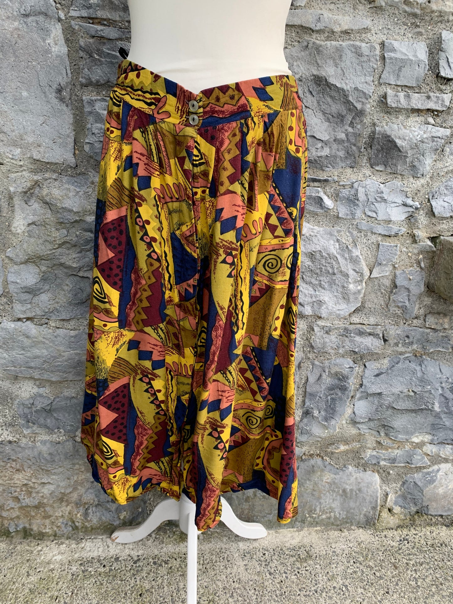 Yellow &navy abstract midi skirt   uk 14