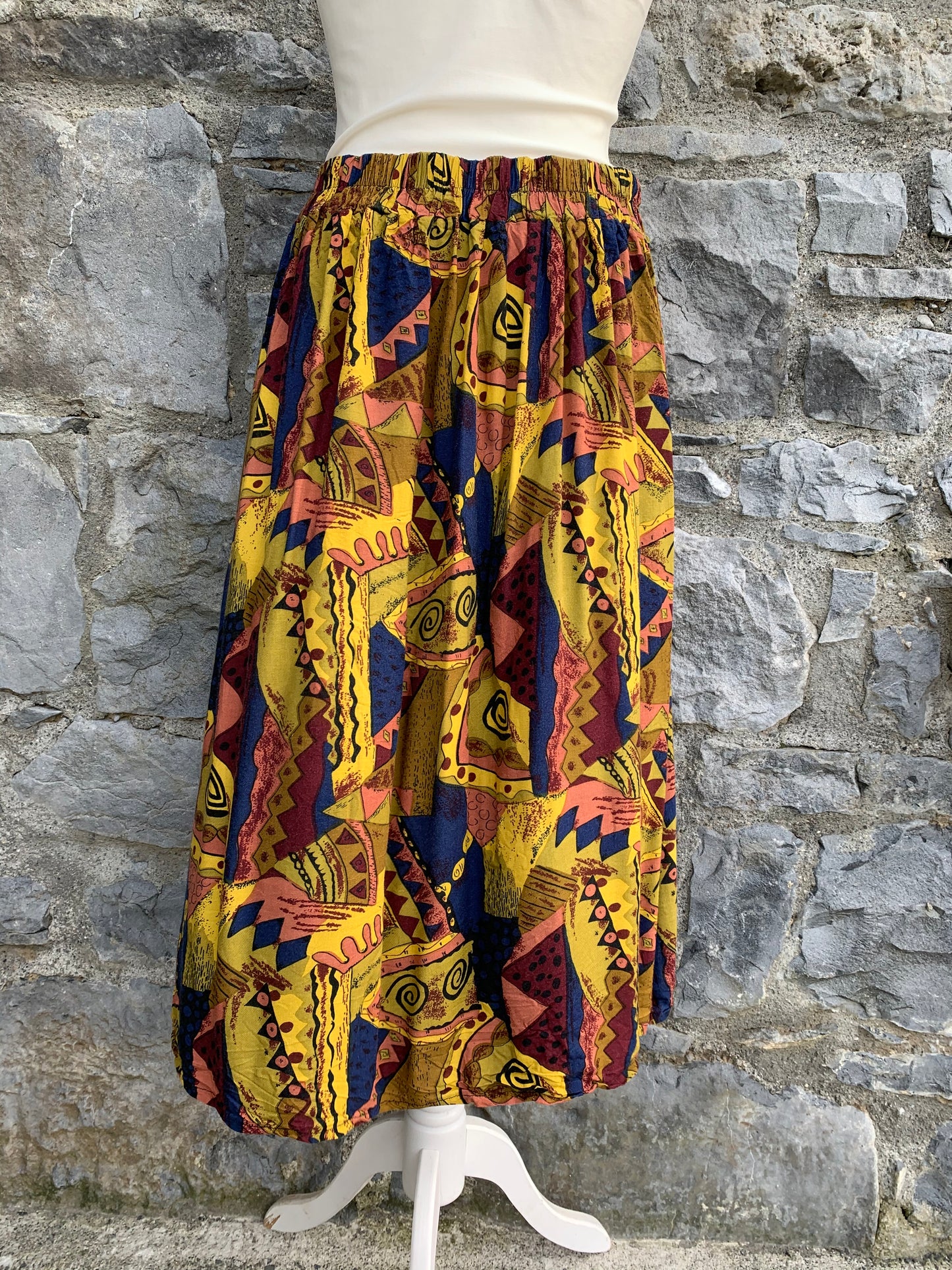 Yellow &navy abstract midi skirt   uk 14