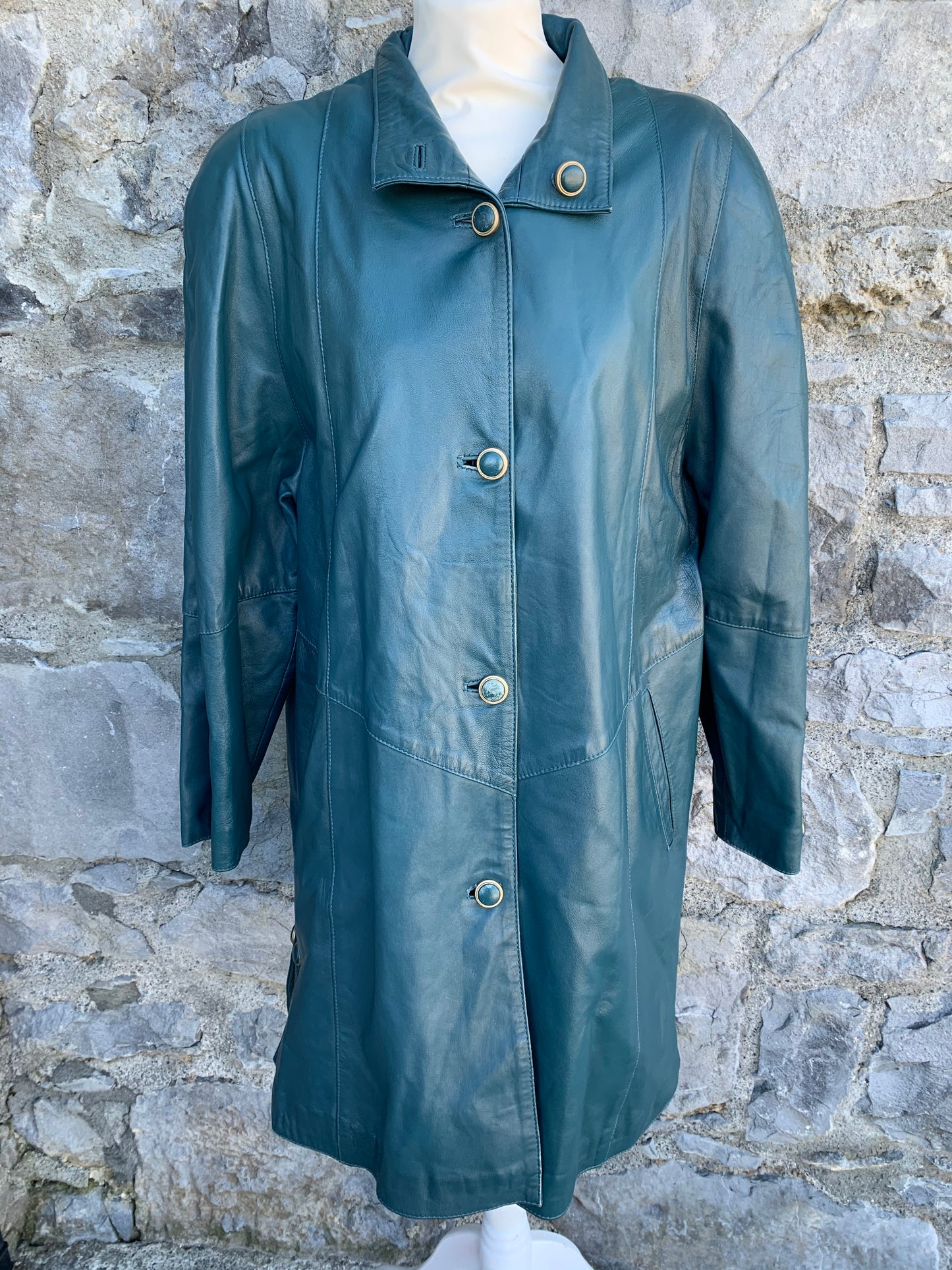 80s dark green leather coat   uk 14