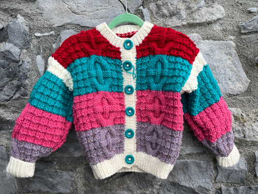 Teal&red Aran style cardigan  2-3y (92-98cm)