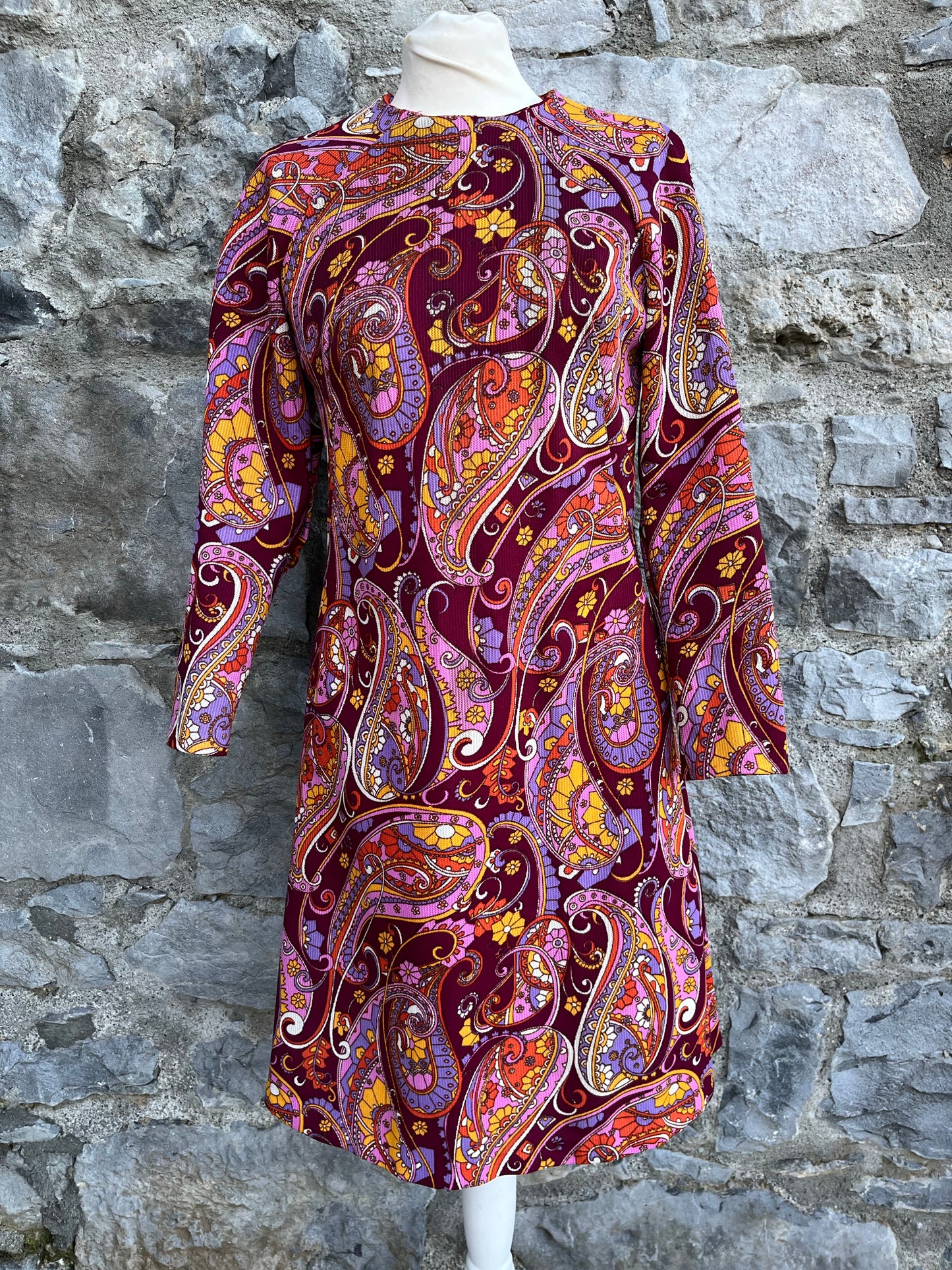 70s maroon paisley dress uk 8-10