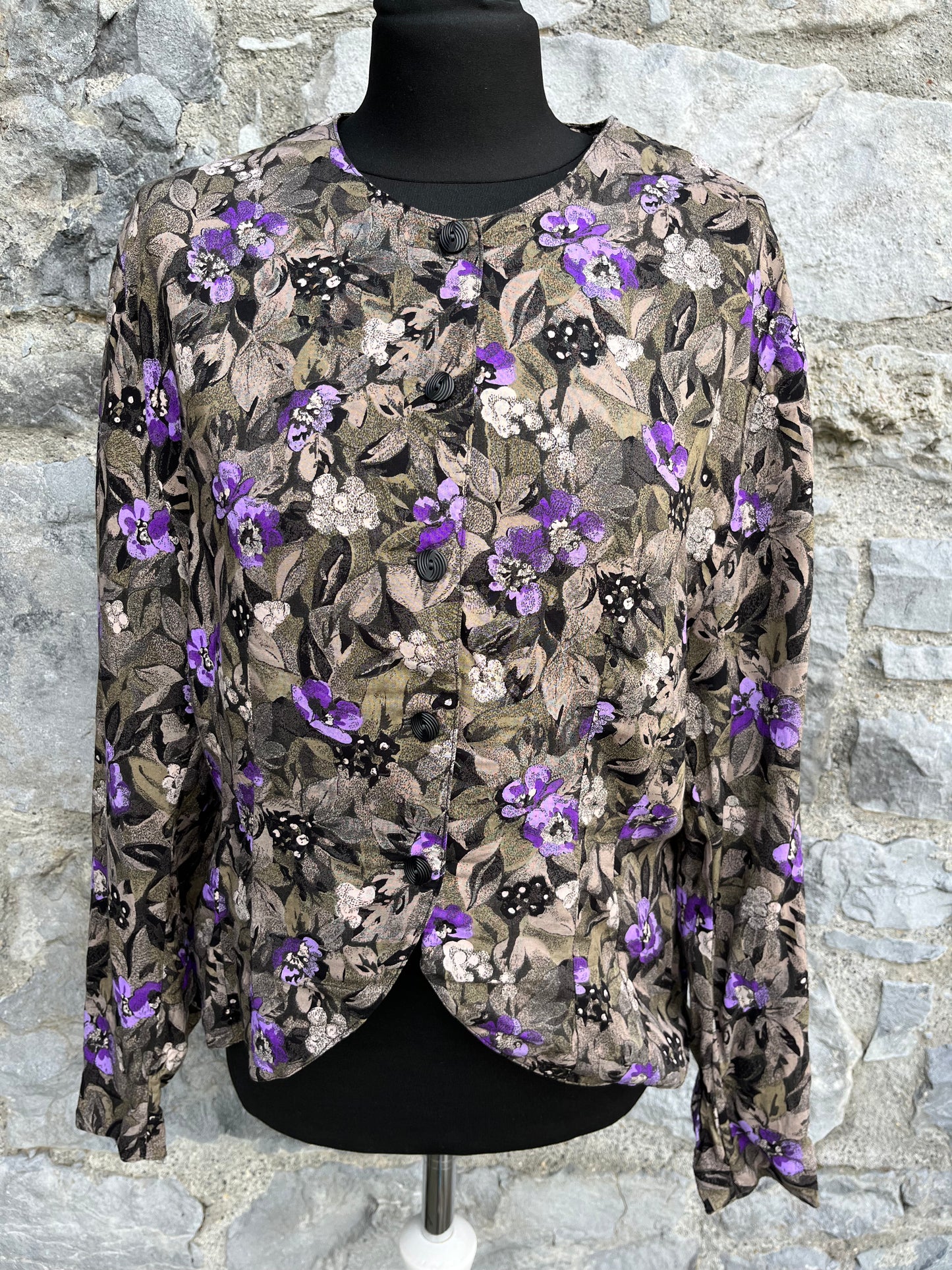 80s grey&purple floral blouse uk 10-12