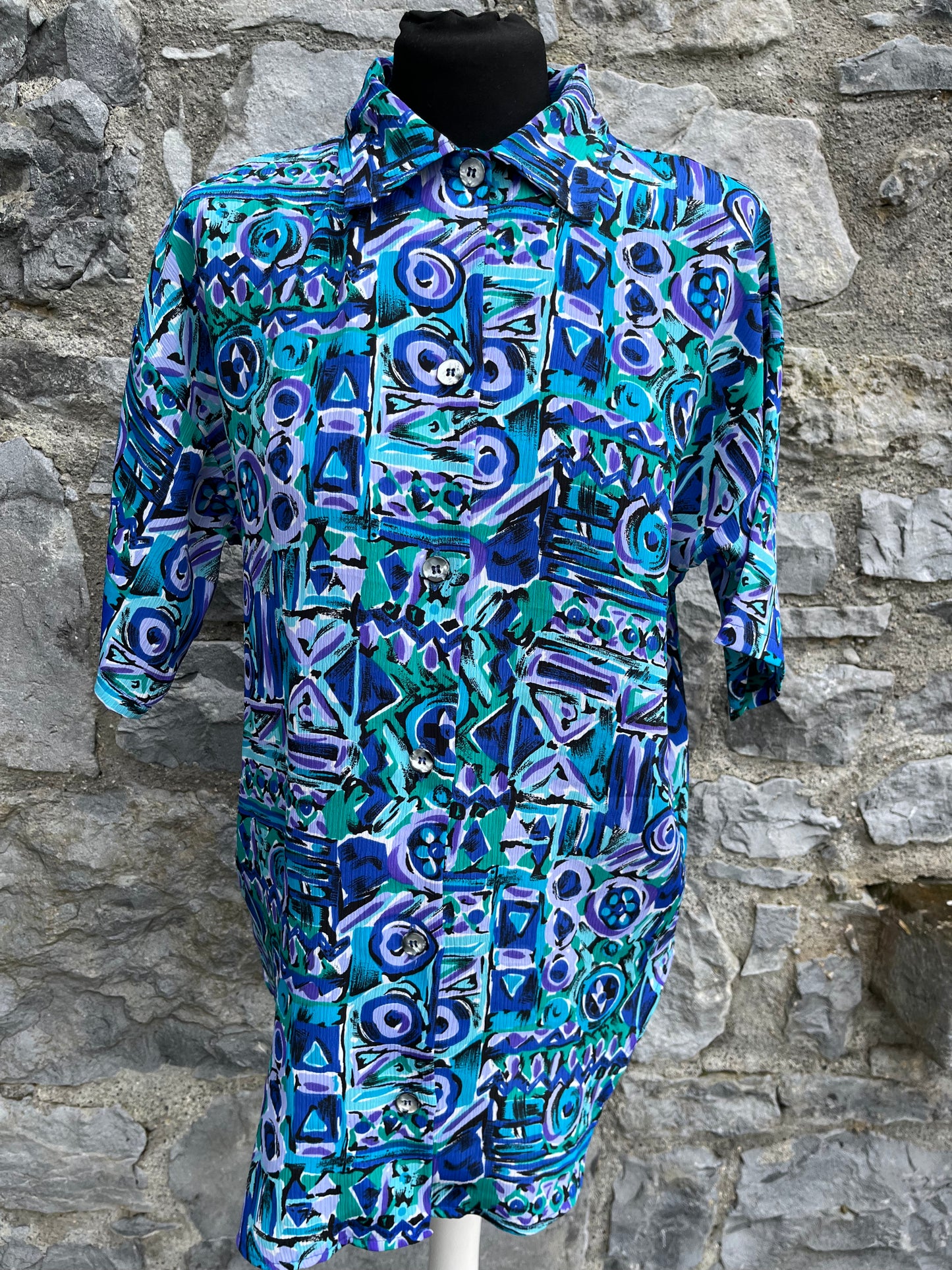 80s blue geometric shirt uk 10-12