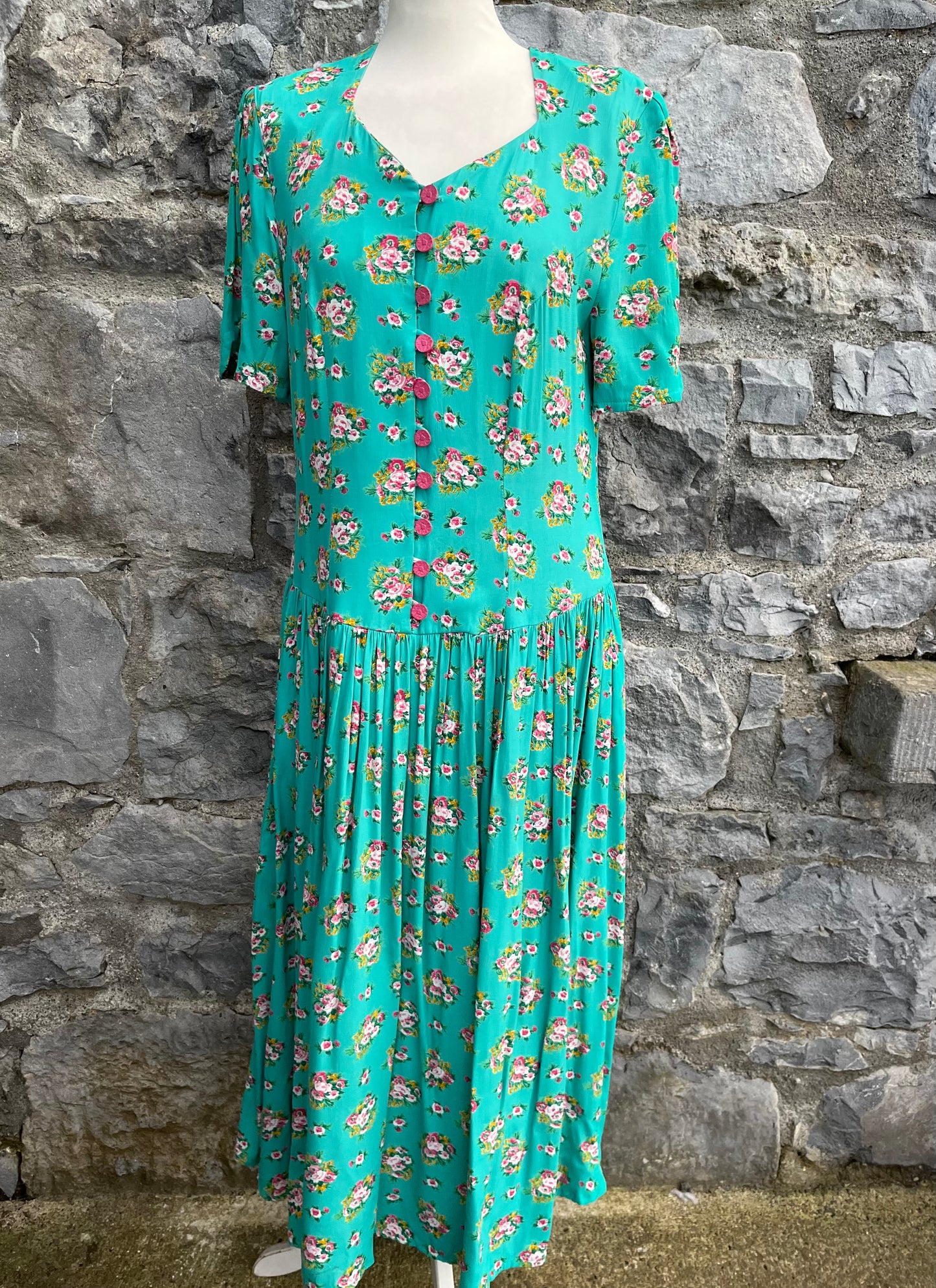 80s green floral dress   uk 10