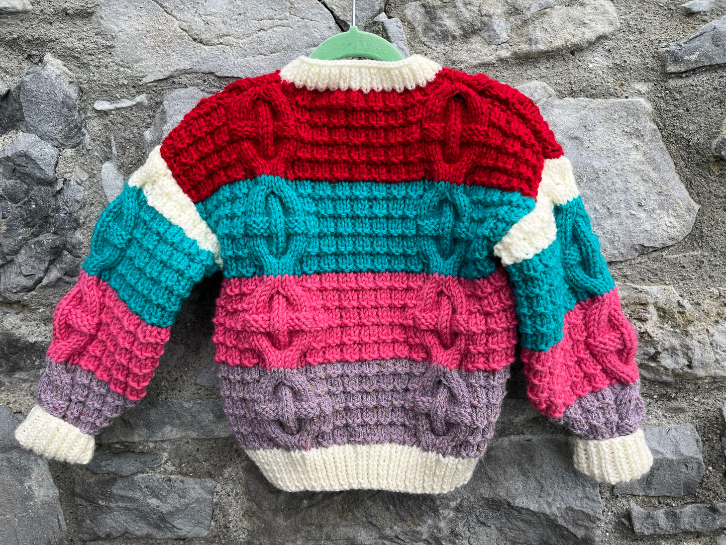 Teal&red Aran style cardigan  2-3y (92-98cm)